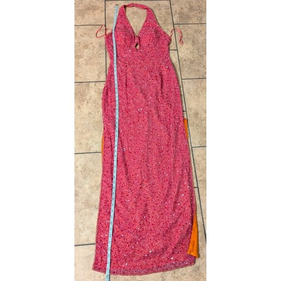 Vintage Y2K Scala Beaded Silk Halter Key Hole Backless Pink Double Slit Gown M - Picture 15 of 15